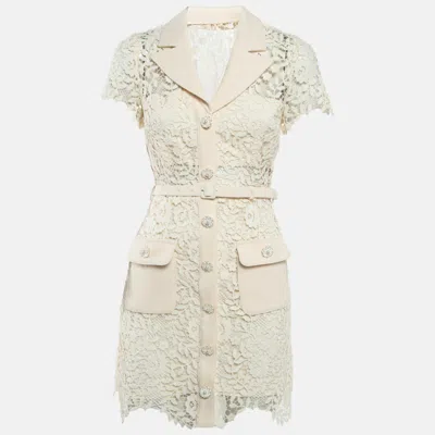 Pre-owned Self-portrait Cream Lace Belted Mini Dress S