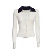 Self-portrait Cream Merino Wool Cardigan With Polo Collar And Button Closure In Multi