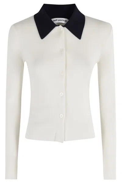 SELF-PORTRAIT CREAM MERINO WOOL CARDIGAN WITH POLO COLLAR AND BUTTON CLOSURE