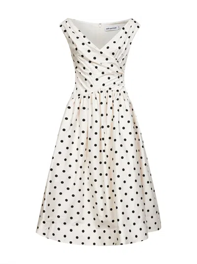 Self-portrait White Dress With All-over Polka Dot And Flared Skirt In Cotton Woman In Orange