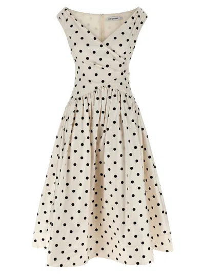Self-portrait White Dress With All-over Polka Dot And Flared Skirt In Cotton Woman In Orange