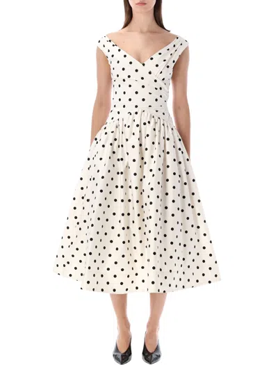 Self-portrait White Dress With All-over Polka Dot And Flared Skirt In Cotton Woman In Orange