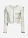 Self-portrait White Crewneck Jacket With Sequin And Faux-pearls Embellishments In Tech Fabric Woman