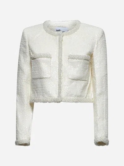 SELF-PORTRAIT CREAM SEQUIN BOUCLÉ CROP JACKET