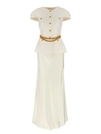 SELF-PORTRAIT SELF-PORTRAIT 'CREAM TAFFETA CHAIN BELT MAXI' DRESS