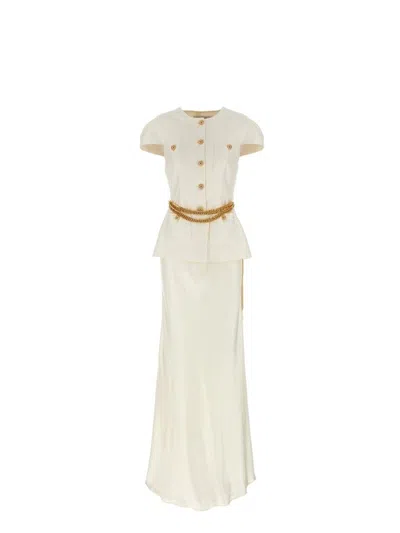 SELF-PORTRAIT CREAM TAFFETA CHAIN BELT MAXI DRESS