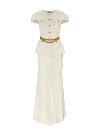 SELF-PORTRAIT CREAM TAFFETA CHAIN BELT MAXI DRESS