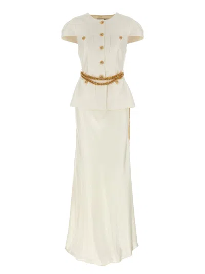 Self-portrait Cream Taffeta Chain Belt Maxi Dresses White In Neutral