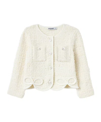 Self-portrait Cream Textured Bow Detail Cardigan In White