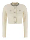 Self-portrait White Crewneck Cropped Cardigan With Crystal Embellishments On The Collar In Cotton Blend Woman In Neutral