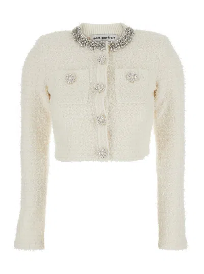 SELF-PORTRAIT CREAM TEXTURED KNIT CARDIGAN
