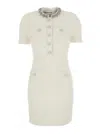 Self-portrait Mini Dress With Knit Tweed Texture And Crystal Accents In White