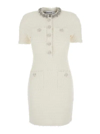 SELF-PORTRAIT WHITE CREWNECK MINI DRESS WITH CRYSTAL EMBELLISHMENTS ON THE COLLAR AND JEWEL BUTTONS IN COTTON BLEN
