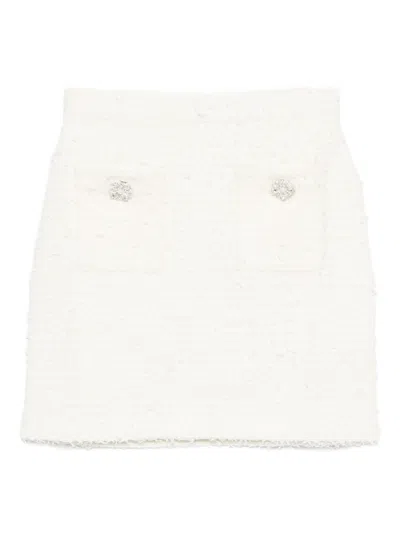Self-portrait White Miniskirt With Pearl Embellishments And Button Detail In Tech Fabric Woman