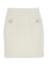 Self-portrait White Miniskirt With Pearl Embellishments And Button Detail In Tech Fabric Woman In White