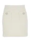 Self-portrait White Miniskirt With Pearl Embellishments And Button Detail In Tech Fabric Woman In White