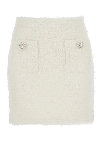 SELF-PORTRAIT WHITE MINISKIRT WITH PEARL EMBELLISHMENTS AND BUTTON DETAIL IN TECH FABRIC WOMAN
