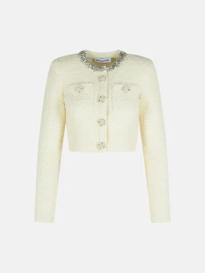 Self-portrait Cream Wool Blend Cardigan In White