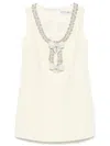 Self-portrait Yellow Crewneck Mini Dress With Jewel Embellishment On The Collar And Bow Detail On The Front In Tec In Nude