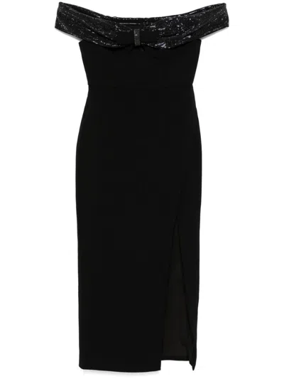 Self-portrait Crepe Bow Midi Dress In 黑色