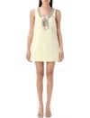 Self-portrait Yellow Crewneck Mini Dress With Jewel Embellishment On The Collar And Bow Detail On The Front In Tec In Nude