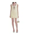 Self-portrait Yellow Crewneck Mini Dress With Jewel Embellishment On The Collar And Bow Detail On The Front In Tec In Nude