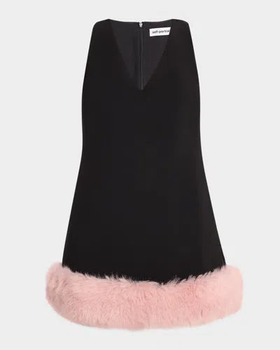 Self-portrait Crepe Faux Fur Hem Mini Dress In Black