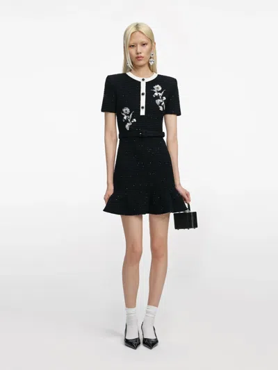 Self-portrait Crepe Fur Hem Mini Dress In Black