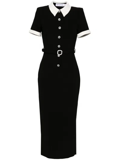 Self-portrait Midi Crepe Dress With Jewel Buttons In Black