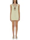 Self-portrait Yellow Crewneck Mini Dress With Jewel Embellishment On The Collar And Bow Detail On The Front In Tec In Nude
