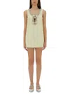 Self-portrait Yellow Crewneck Mini Dress With Jewel Embellishment On The Collar And Bow Detail On The Front In Tec In Nude