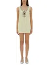 Self-portrait Yellow Crewneck Mini Dress With Jewel Embellishment On The Collar And Bow Detail On The Front In Tec In Nude