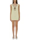 Self-portrait Yellow Crewneck Mini Dress With Jewel Embellishment On The Collar And Bow Detail On The Front In Tec In Nude