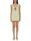 Self-portrait Yellow Crewneck Mini Dress With Jewel Embellishment On The Collar And Bow Detail On The Front In Tec In Nude