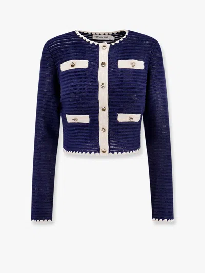 Self-portrait Crochet Knitted Cardigan With Contrasting Profiles In Navy