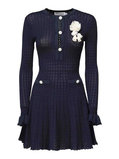 Self-portrait Crochet Openwork Knit Mini Dress In Blue