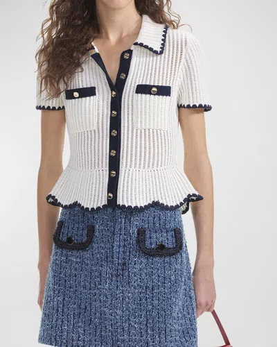 Self-portrait Crochet Short-sleeve Peplum Top In Beige