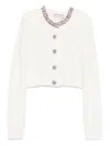Self-portrait Whirw Cropped Crewneck Cardigan With Crystal Embellishments On Collar And Buttons In Wool Blend Woma In White