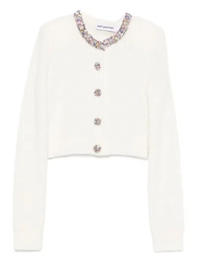 SELF-PORTRAIT CROPPED BEIGE SWEATER WITH JEWELED EMBELLISHMENTS