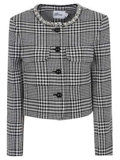 Self-portrait Cropped Black Houndstooth Jacket In Gray