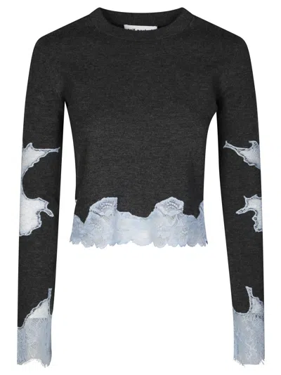 Self-portrait Cropped Black Jumper With Lace Detailing In Gray