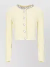 Self-portrait Cropped Yellow Alpaca Cardigan With Rhinestone Embellishments In Nude
