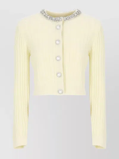 Self-portrait Cropped Yellow Alpaca Cardigan With Rhinestone Embellishments In White