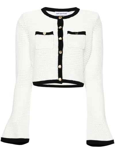 Self-portrait White Knit Cardigan With Contrasting Trim In Fabric Woman