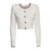 Self-portrait Cropped Cream Cardigan With Diamond-embellished Neckline In White
