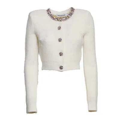 Self-portrait Cropped Cream Cardigan With Diamond-embellished Neckline In White
