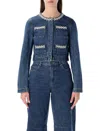 Self-portrait Cropped Denim Jacket With Crystal Chain Trims In Blue
