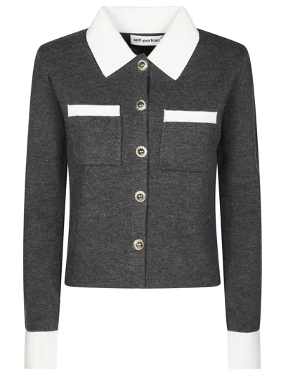 Self-portrait Cropped Grey Knit Cardigan With Contrast Trim In Gray