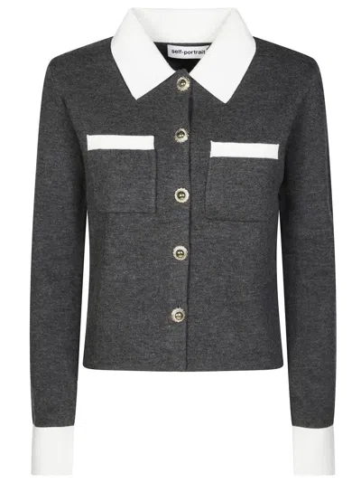 SELF-PORTRAIT CROPPED GREY KNIT CARDIGAN WITH CONTRAST TRIM