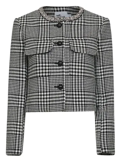 SELF-PORTRAIT CROPPED HOUNDSTOOTH JACKET WITH FLAP CHEST POCKETS